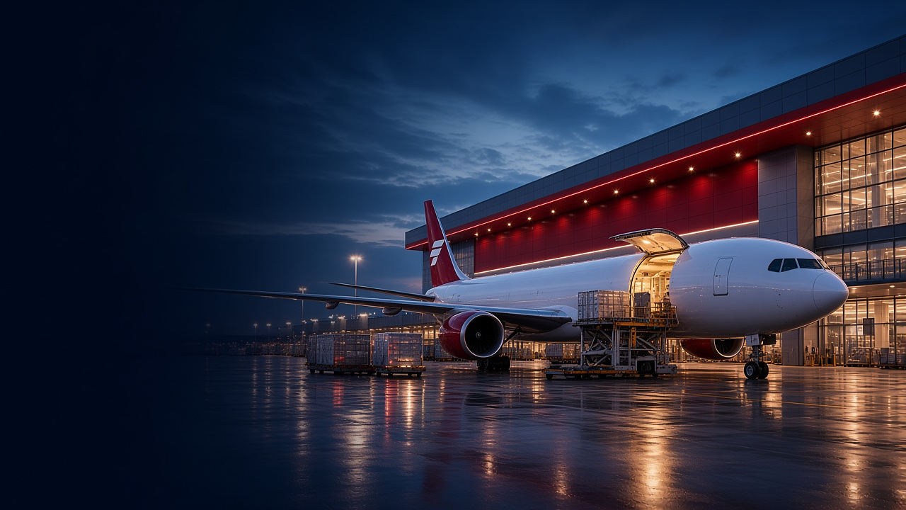 Cargo aircraft and ULD loaders at a modern airside terminal