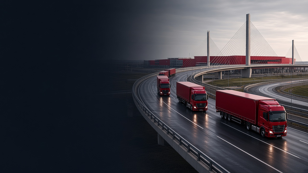 Red truck convoy beginning a booked collection corridor