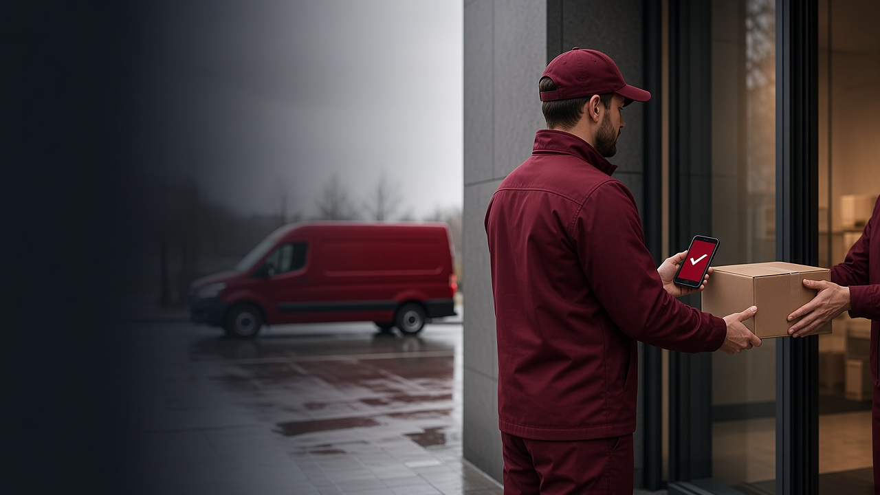 Courier completing proof of delivery at a business entrance