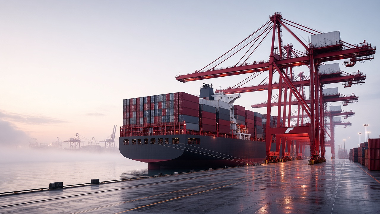 Container vessel and red gantry cranes at a misty port