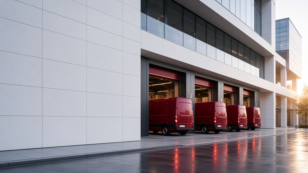 Electric courier vans at a city business loading bay