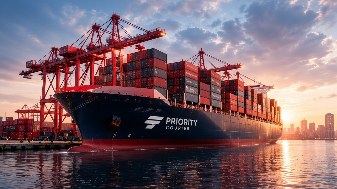 Priority Courier cargo ship at an ocean terminal