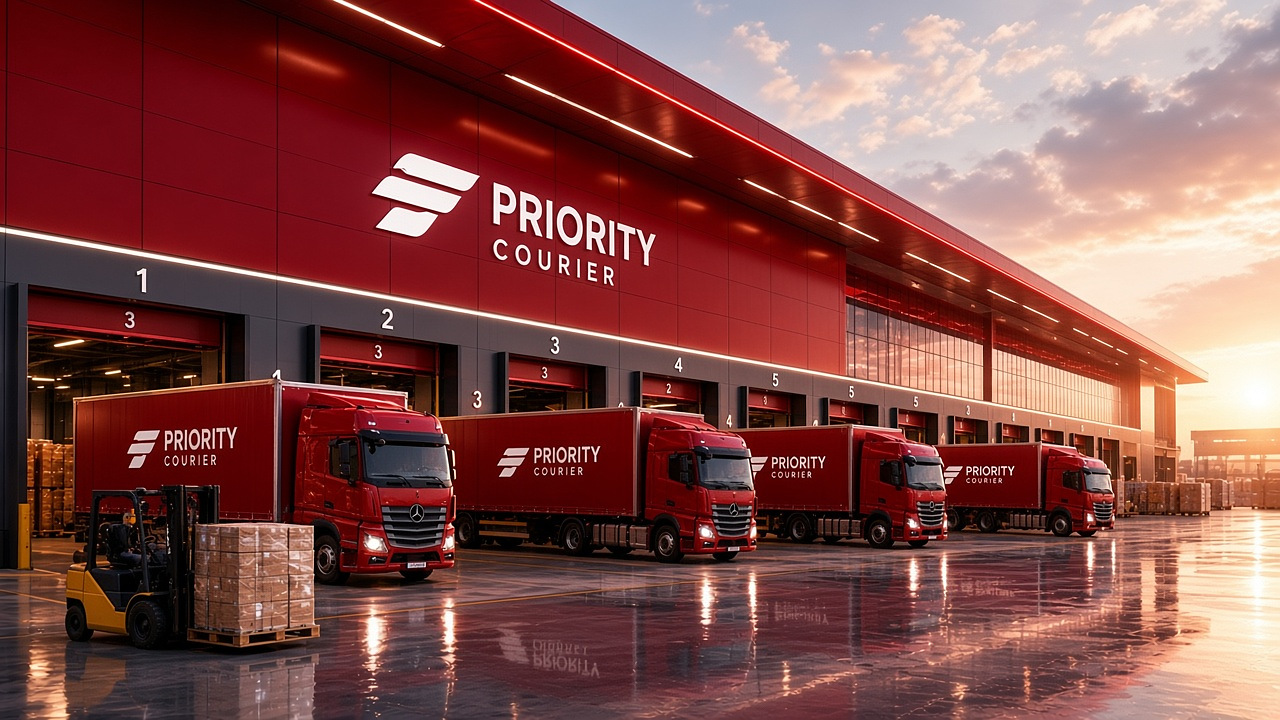 Priority Courier warehouse at night